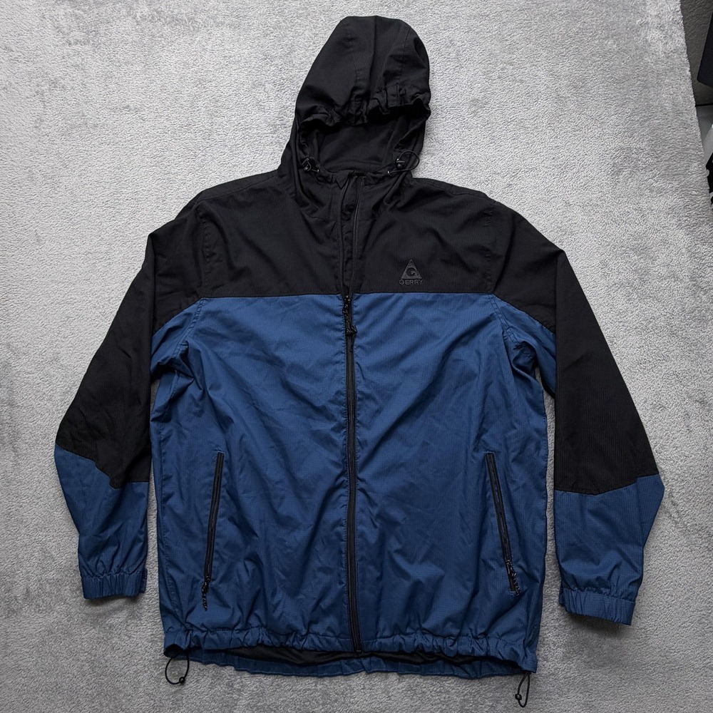 Gerry Jacket Mens 2XL Black Blue Hooded Windbreaker Zip Lightweight Outdoor